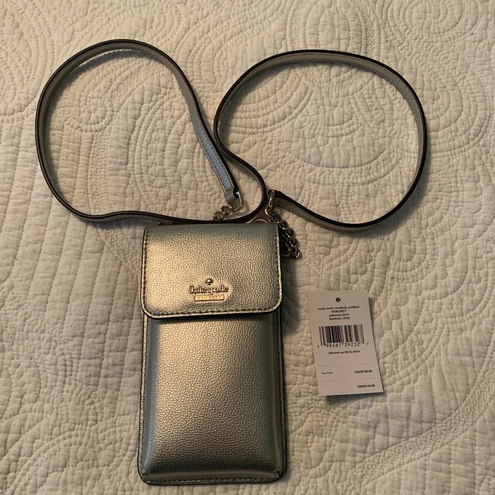 Kate Spade North South Leather Phone Crossbody, Light Metallic Silver